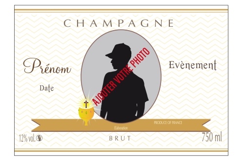 Étiquette de Champagne adhésive avec deux liserés d'or à chaud, avec un fond de lignes en zizag crème pour fêter une communion