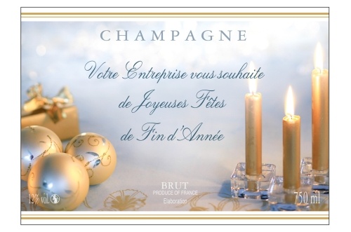 Étiquette de Champagne adhésive avec deux liserés d'or à chaud, avec un décor de noël pour fêter la fin d'année