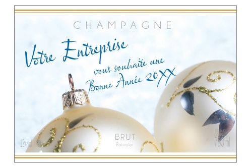 Étiquette de Champagne adhésive avec deux liserés d'or à chaud, avec des boules de noël pour fêter la fin d'année