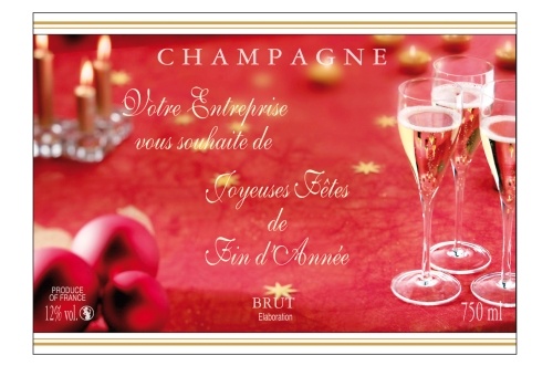 Étiquette de Champagne adhésive avec deux liserés d'or à chaud, avec un fond rouge des éléments festifs