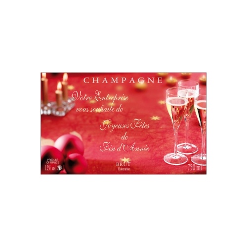 Étiquette de Champagne avec un fond rouge des éléments festifs