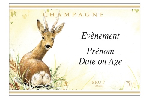 Étiquette de Champagne adhésive avec deux liserés d'or à chaud avec un dessin d'un chevreuil
