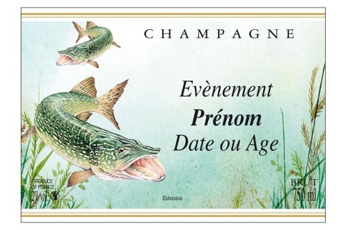 Étiquette de Champagne adhésive avec deux liserés d'or à chaud, verte foncée avec un dessin d'un brochet