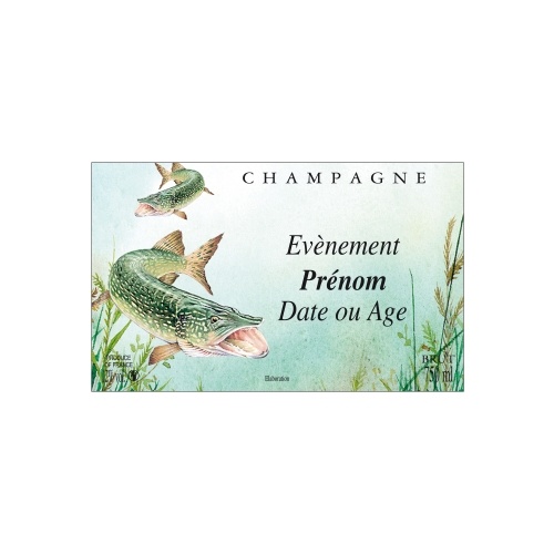 Étiquette de Champagne verte foncée avec un dessin d'un brochet
