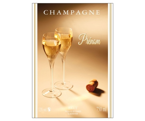 Étiquette de Champagne adhésive avec deux liserés d'or à chaud aux couleurs dorées avec un décor de flûtes