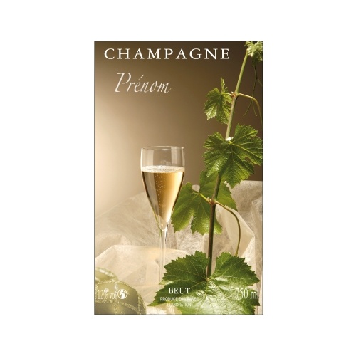 Étiquette de Champagne avec un décor de flûtes et de feuilles de vigne