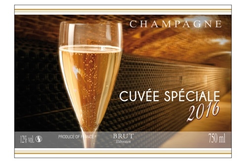 Étiquette de Champagne adhésive avec deux liserés d'or à chaud avec un décor de flûtes et de caves
