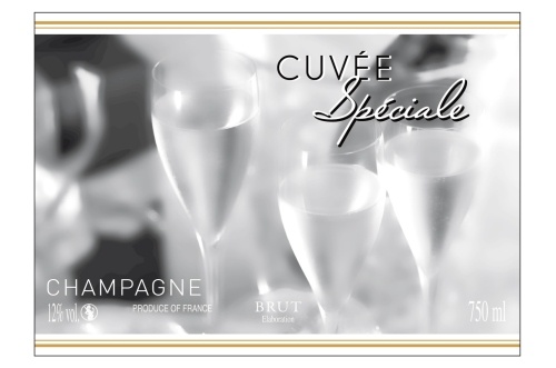 Étiquette de Champagne adhésive avec deux liserés d'or à chaud avec un décor de flûte en noir et blanc