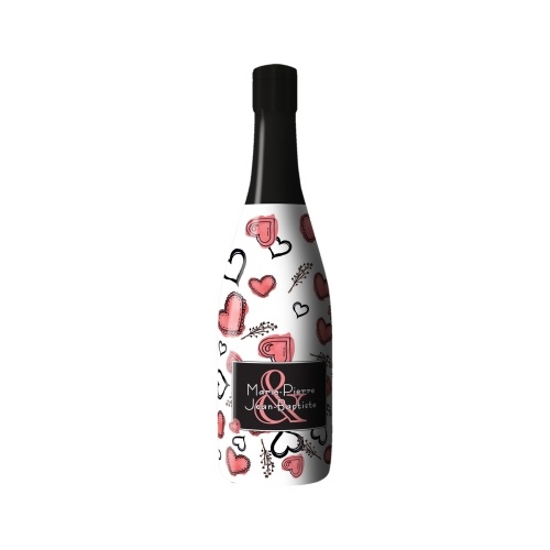 Sleeve blanc avec des motifs de coeurs roses et noirs sur une bouteille