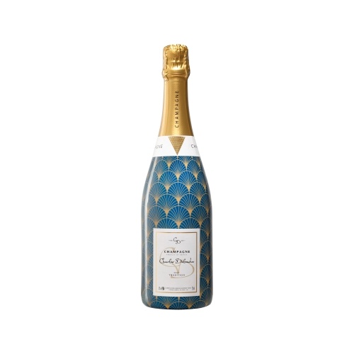 Bouteille de Champagne avec un sleeve à motifs art déco bleu et doré